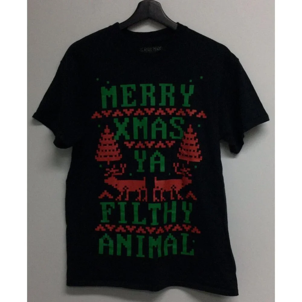 Classic Teaze Merry Xmas Ya Filthy Animal Mens T-shirt Black Size M Graphic Tee - Picture 1 of 3